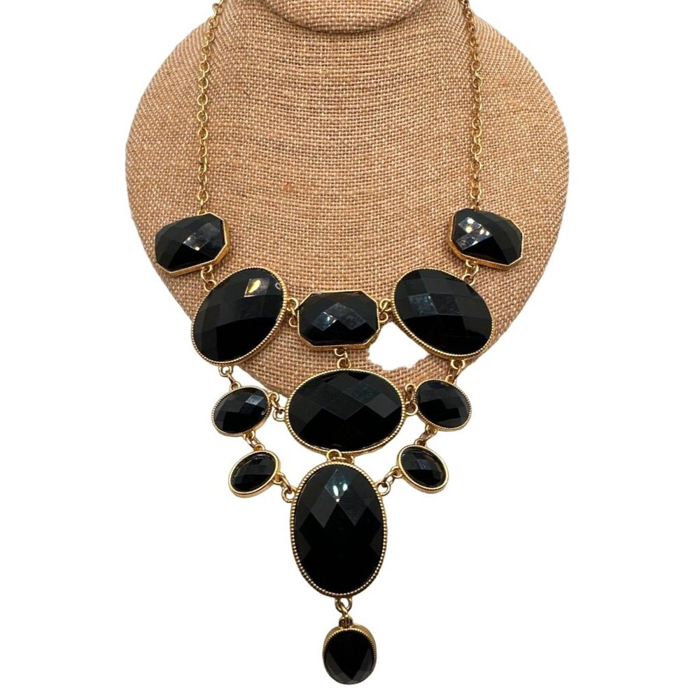 Elegant Bold Black Statement Necklace Bib Faceted Acrylic Beads Whimsigoth